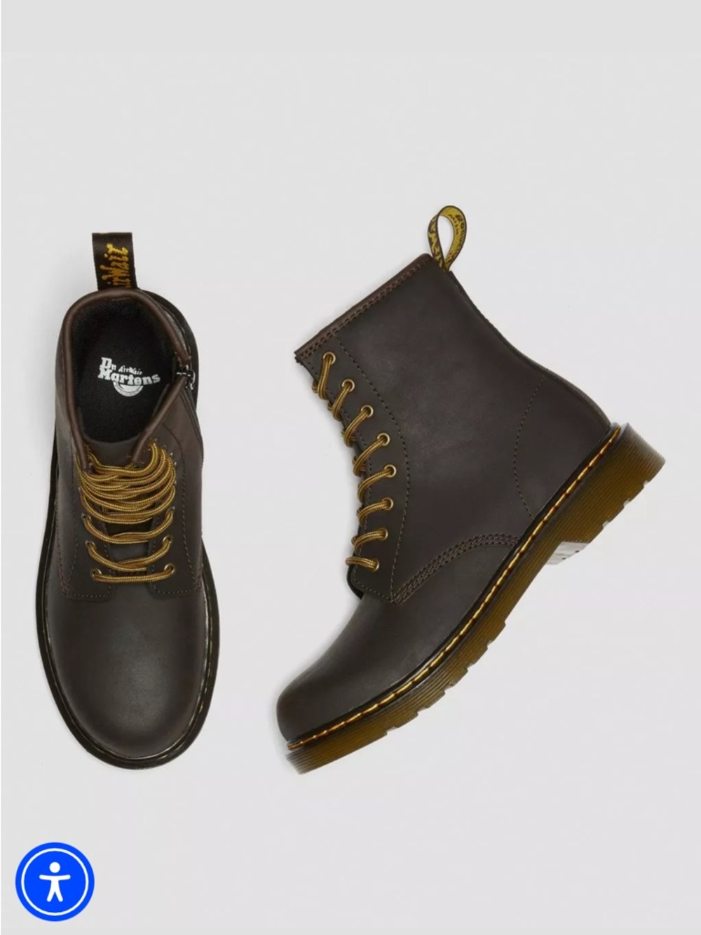 Dr. Martens Kids Brown Lace-Up 8-Eye Boots with Yellow Stitching